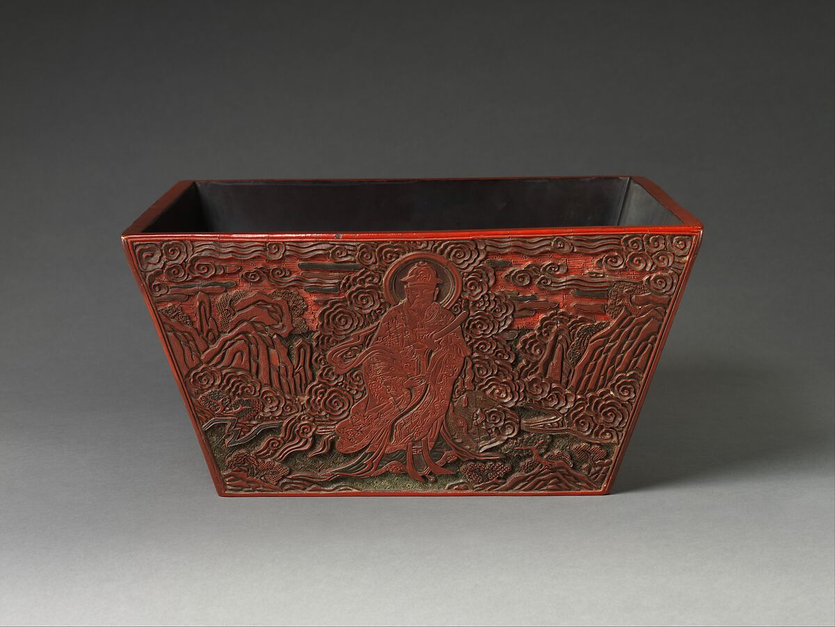 Rice measure with four constellation deities, Carved red, green, and black lacquer, China