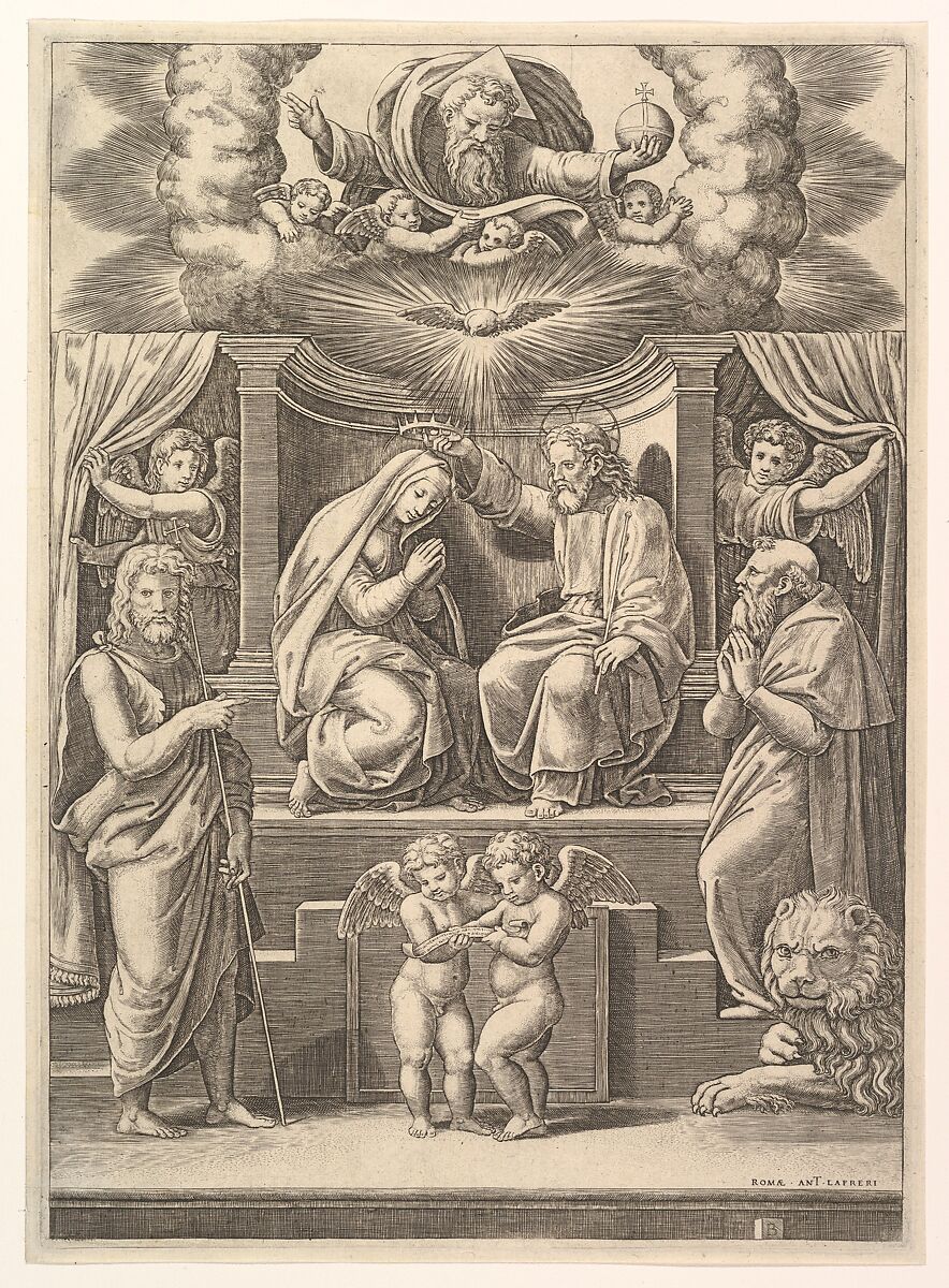 The coronation of the Virgin, God the Father above, St Jerome lower right and St John the Baptist lower left, Master of the Die (Italian, active Rome, ca. 1530–60), Engraving 