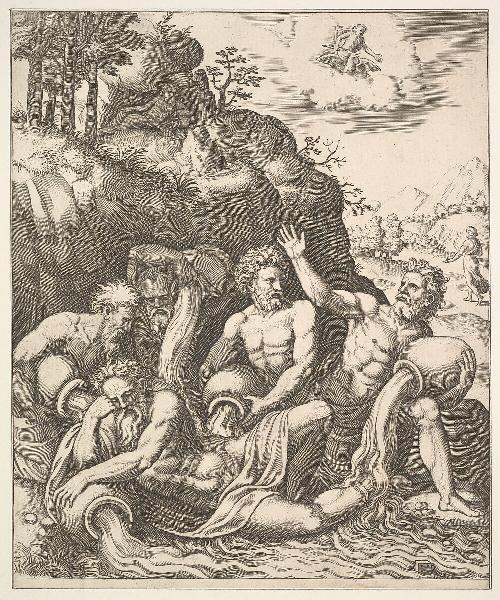 River gods consoling Peneus for the Loss of his Daughter, Daphne from 'The Story of Apollo and Daphne', Master of the Die (Italian, active Rome, ca. 1530–60), Engraving 