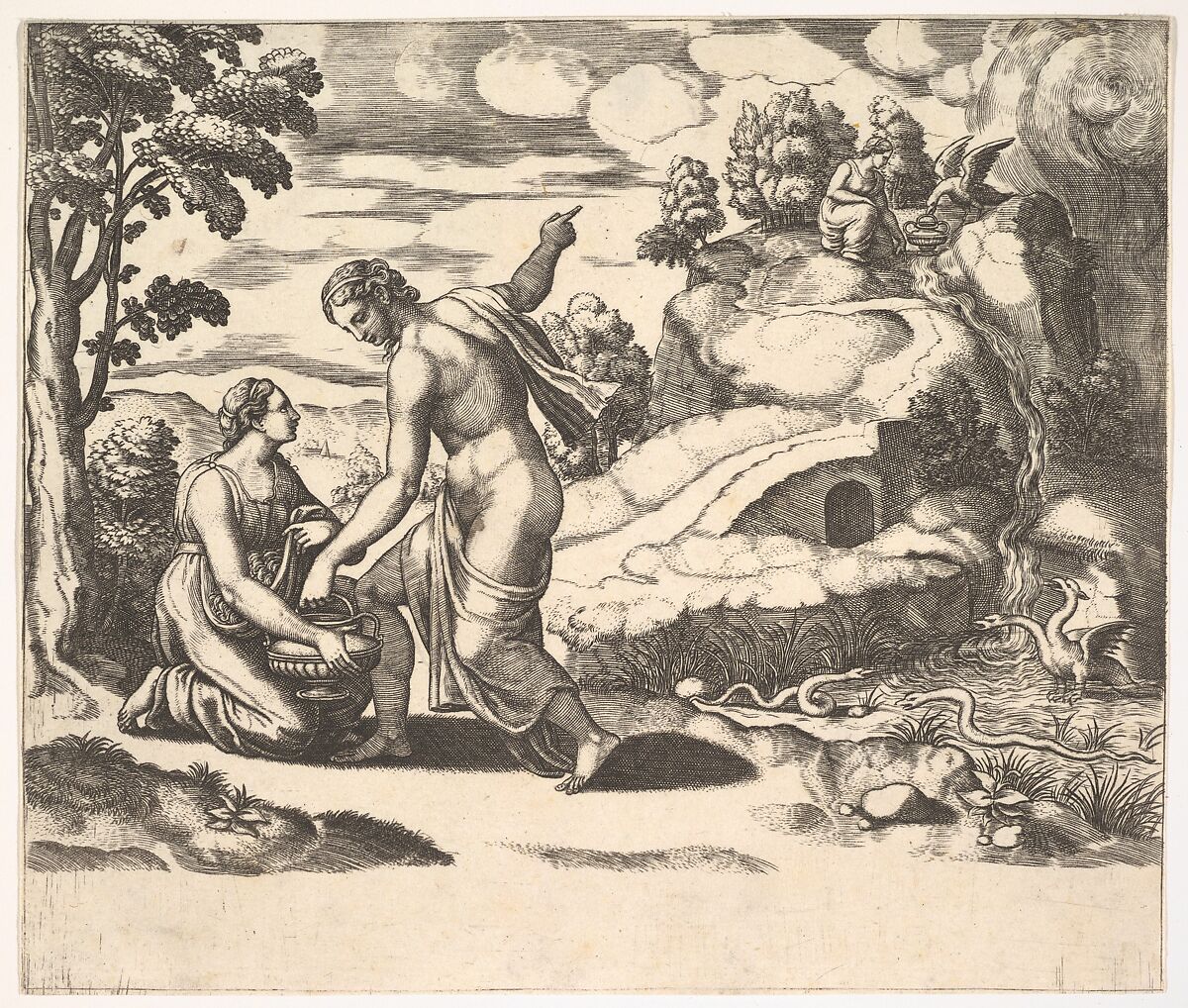 Venus ordering Psyche to take water from a fountain guarded by dragons, from 'Fable of Cupd and Psyche', Master of the Die (Italian, active Rome, ca. 1530–60), Engraving 