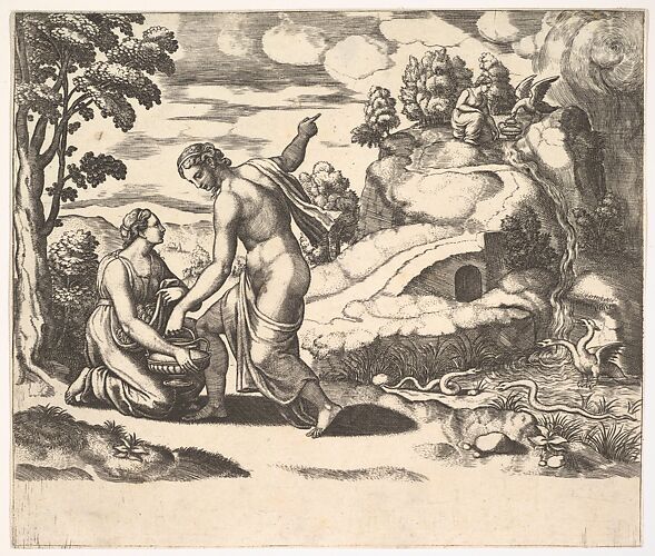 Venus ordering Psyche to take water from a fountain guarded by dragons, from 'Fable of Cupd and Psyche'