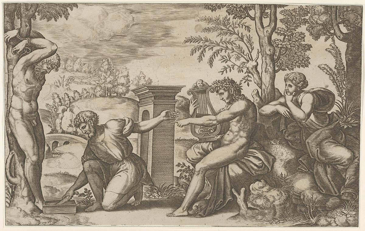 Apollo seated at the right with a lyre, pointing to a kneeling man who is about to flay Marsyas tied naked to a tree at left, Master of the Die (Italian, active Rome, ca. 1530–60), Engraving 