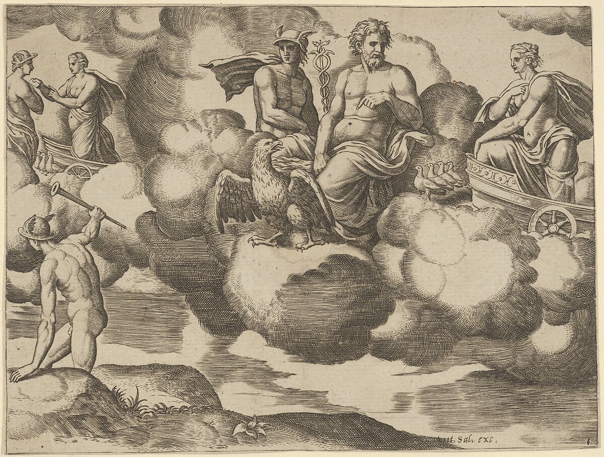 Venus in her dove-drawn chariot complaining to Jupiter who is accompanied by Mercury, from 'The Fable of Psyche', Master of the Die (Italian, active Rome, ca. 1530–60), Engraving 