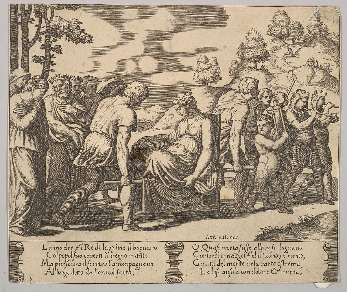 Plate 5: Psyche carried on a litter to a mountain, from "The Fable of Psyche", Master of the Die (Italian, active Rome, ca. 1530–60), Engraving 