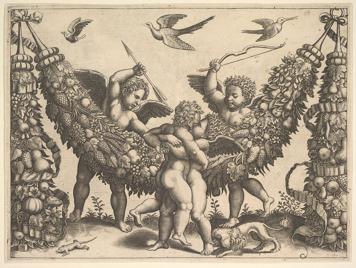 Four putti, two embracing in front of a large garland, two behind, the one at left holding an arrow, the one at right a bow, from a series of tapestries made for Leo X, Master of the Die (Italian, active Rome, ca. 1530–60), Engraving; first state 