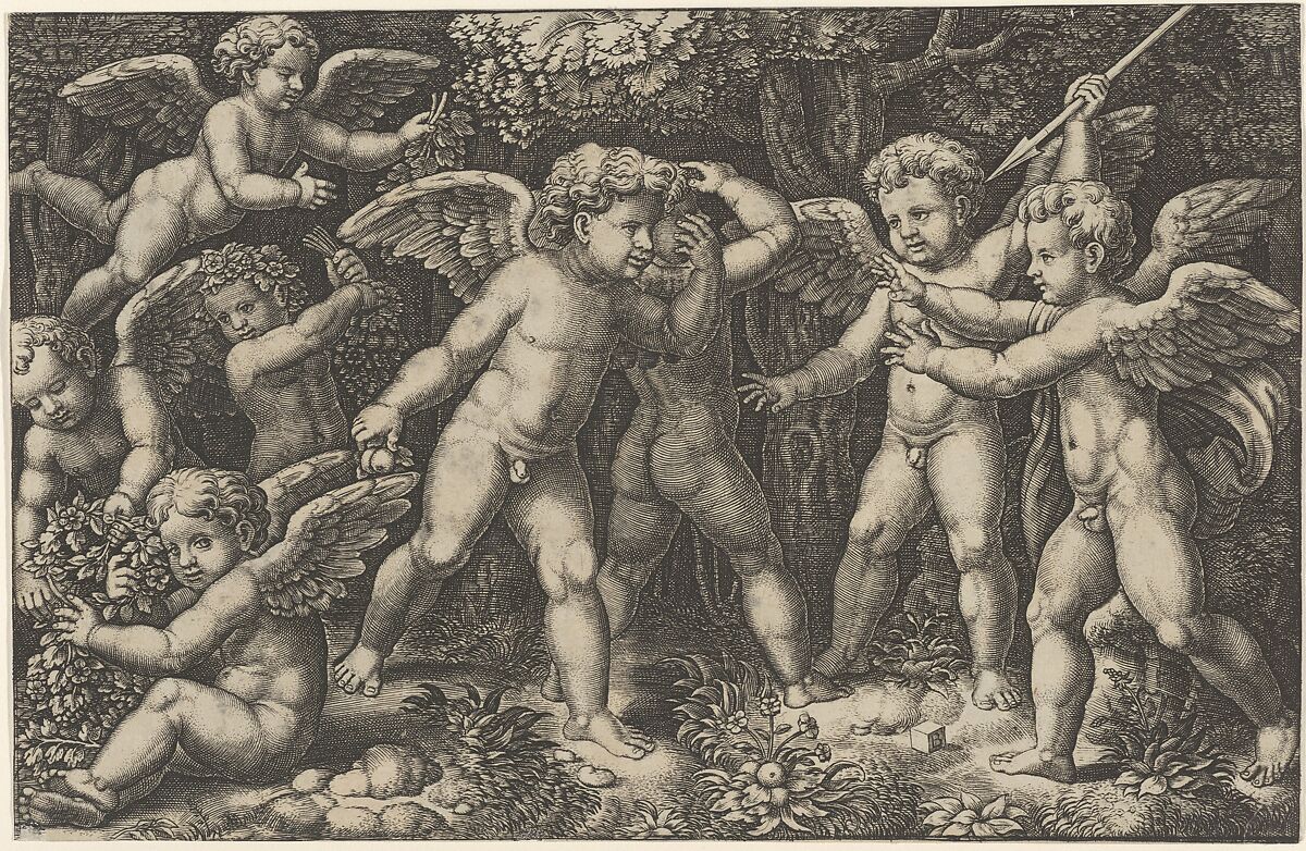 Eight putti playing, Master of the Die (Italian, active Rome, ca. 1530–60), Engraving 