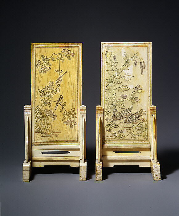 Pair of table screens with flowers, birds, and poems, Ivory, China 