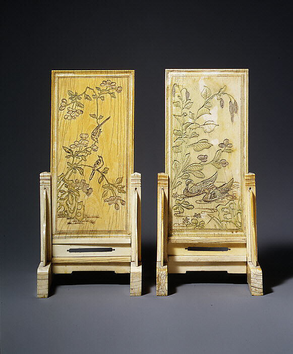 Pair of table screens with flowers, birds, and poems, Ivory, China