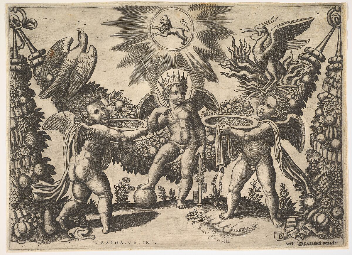 Two putti presenting cups full of gold to a putto in the guise of the god of riches, from a series of tapestries made for Leo X, Master of the Die  Italian, Engraving, second state of two