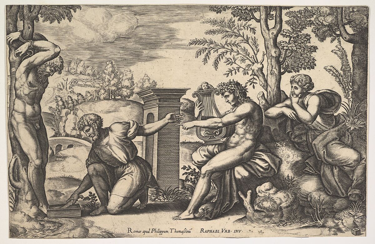 Apollo seated at the right with a lyre on his knee, pointing to a kneeling man who is about to flay Marsyas who is tied naked to a tree at left, Master of the Die (Italian, active Rome, ca. 1530–60), Engraving 