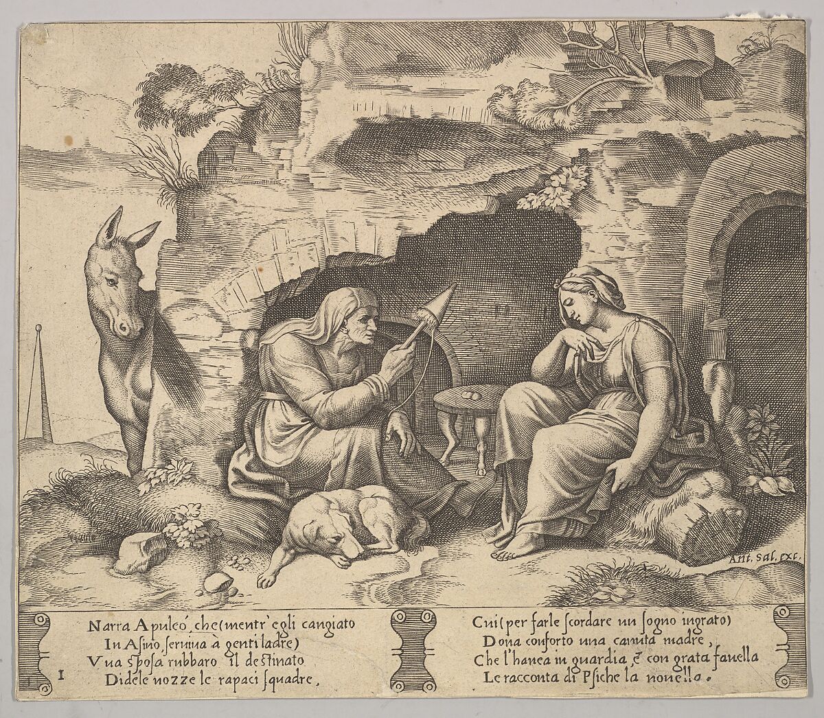 Plate 1: Apuleius changed into a donkey listening to the story told by the old woman spinning, Master of the Die (Italian, active Rome, ca. 1530–60), Engraving 