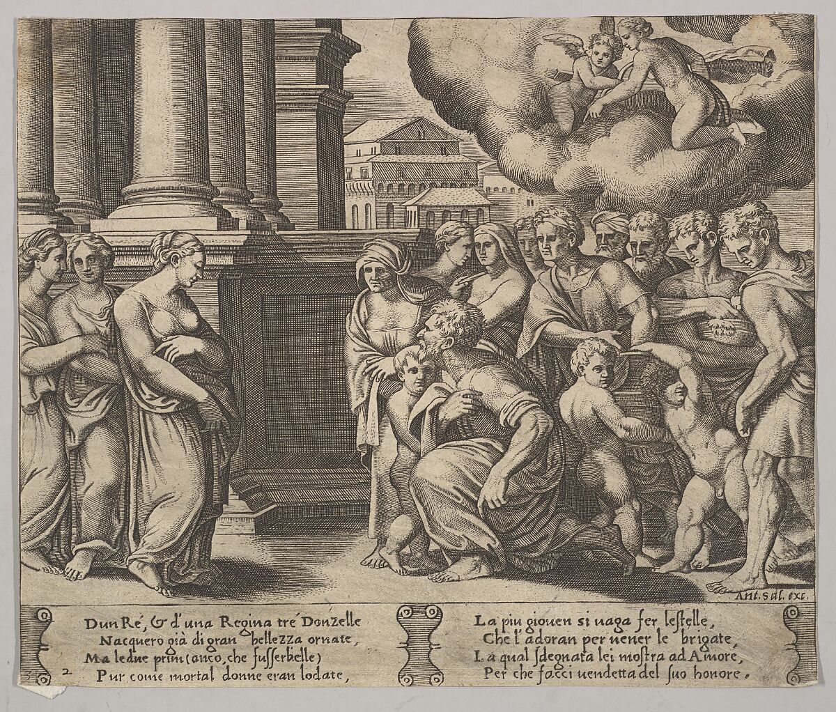 Plate 2: the people rendering divine honors to Psyche, from "The Fable of Psyche", Master of the Die (Italian, active Rome, ca. 1530–60), Engraving 