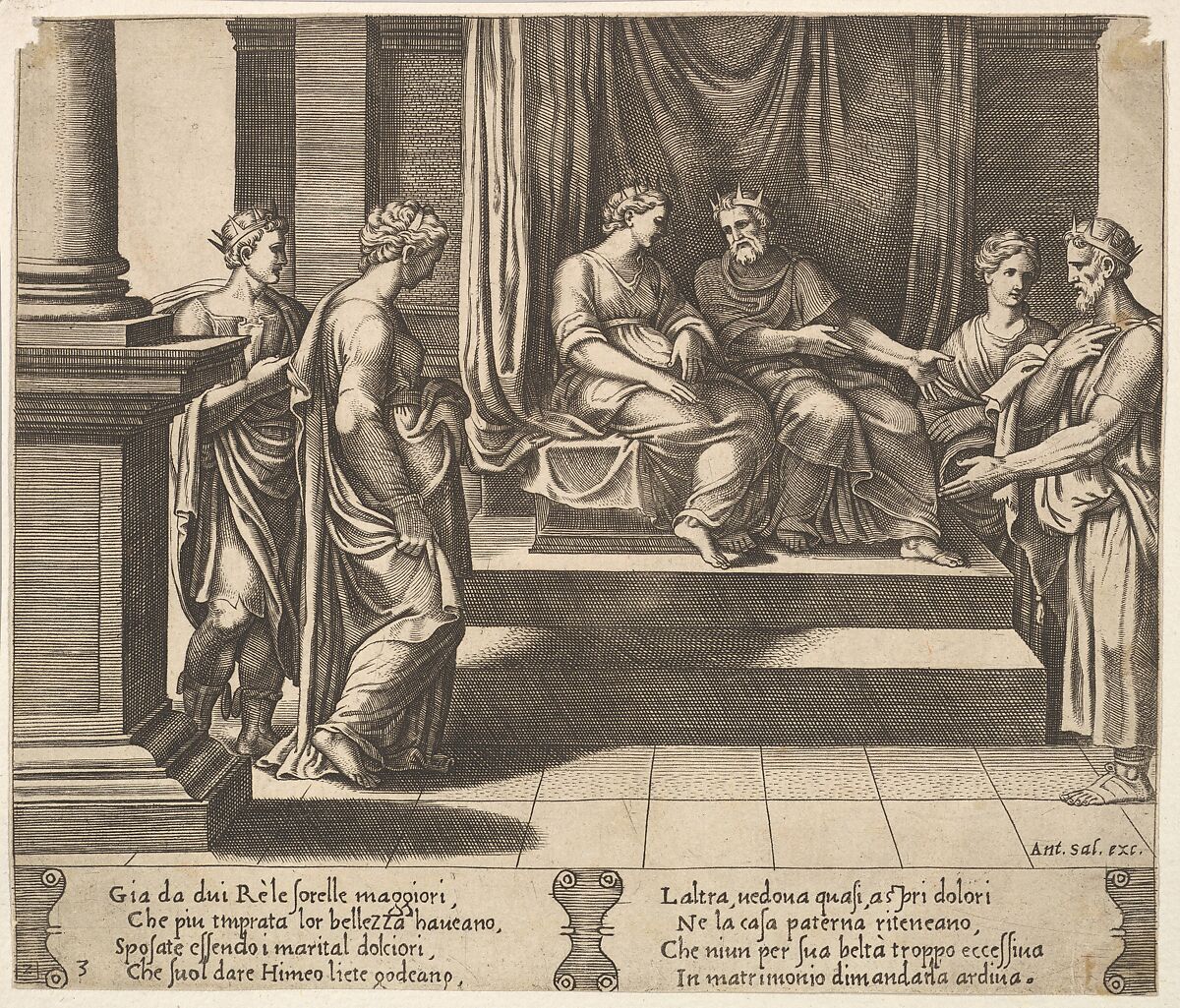 Plate 3: Psyche's two sisters are married to kings, from "The Fable of Psyche", Master of the Die (Italian, active Rome, ca. 1530–60), Engraving 