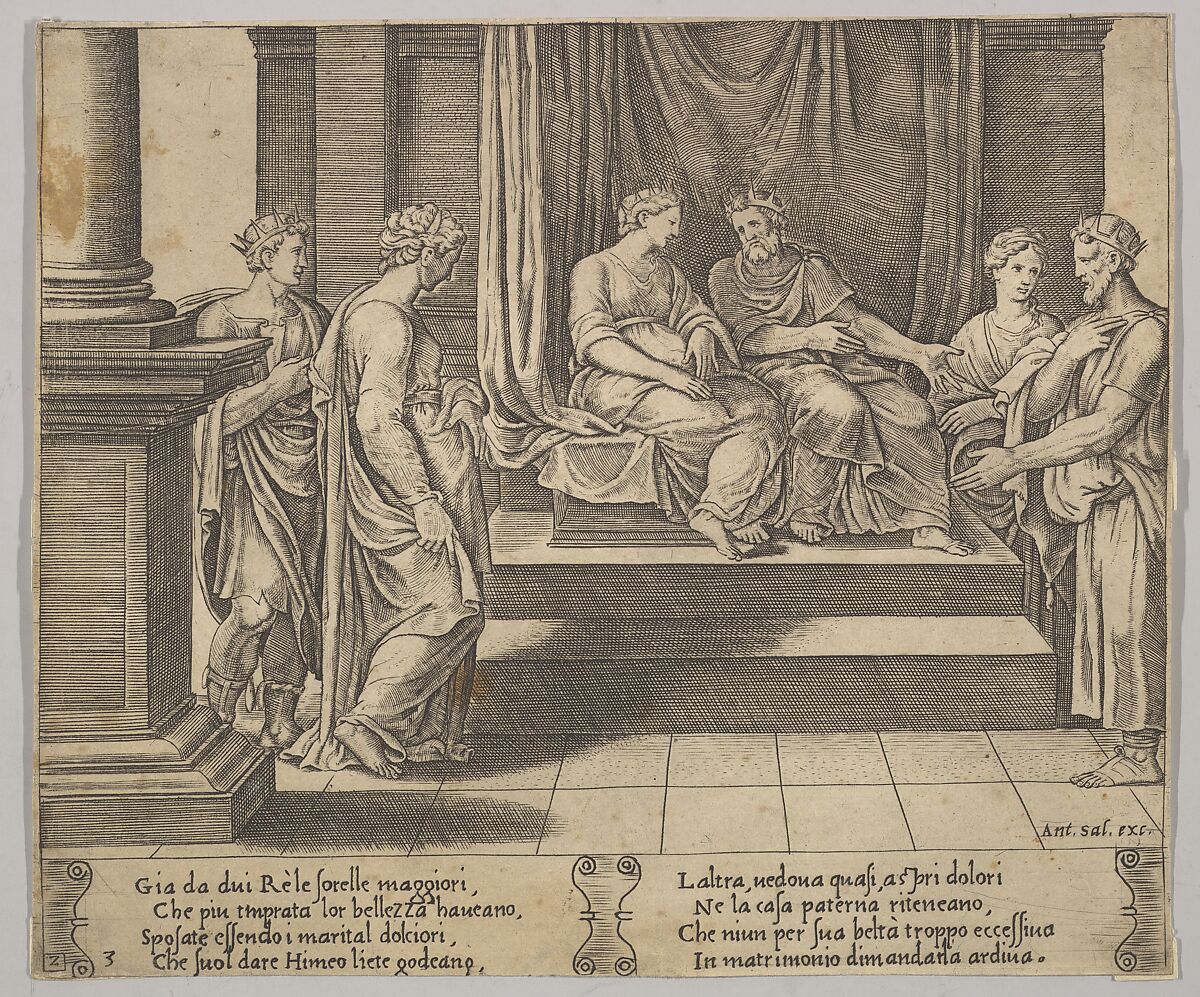 Plate 3: Psyche's two sisters are married to kings, from "The Fable of Psyche", Master of the Die (Italian, active Rome, ca. 1530–60), Engraving 