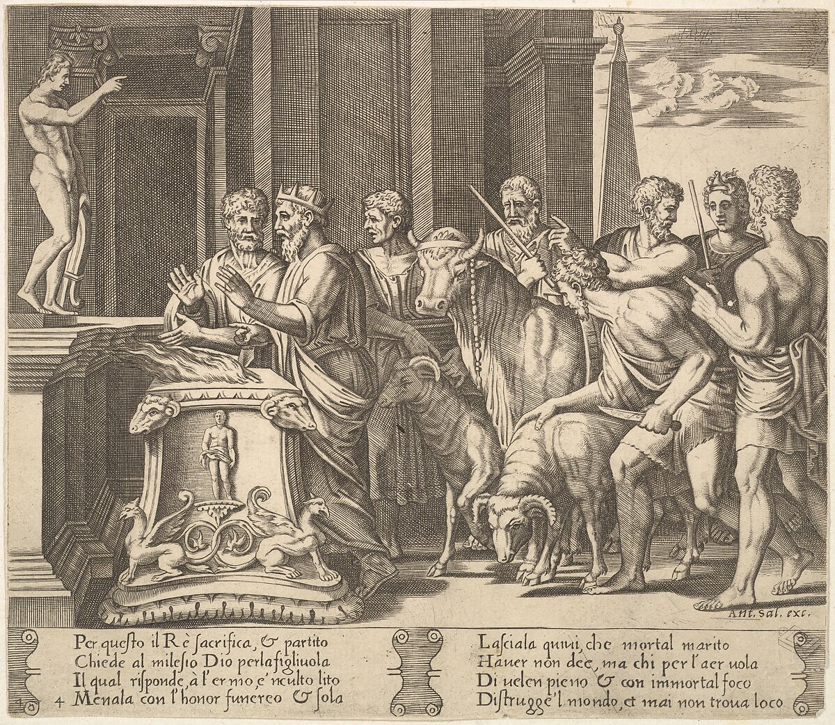 Plate 4: Psyche's father consulting the oracle, from "The Fable of Psyche", Master of the Die (Italian, active Rome, ca. 1530–60), Engraving 