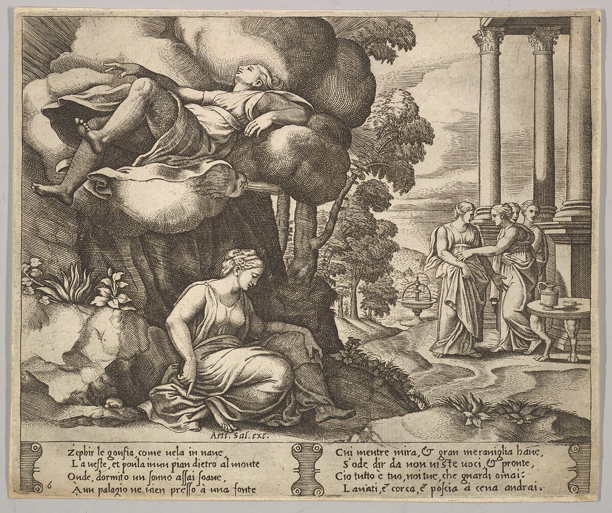 Plate 6: Zephir carrying off Psyche to an enchanted palace, from "The Fable of Psyche", Master of the Die (Italian, active Rome, ca. 1530–60), Engraving 