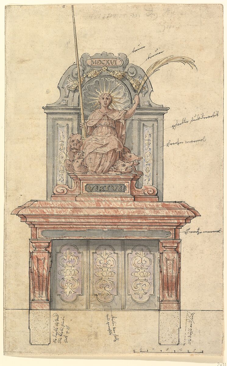 Design for a Chimneypiece with a Personification of Virtue, Anonymous, German, 17th century, Pen and gray and black ink, brush and watercolor 