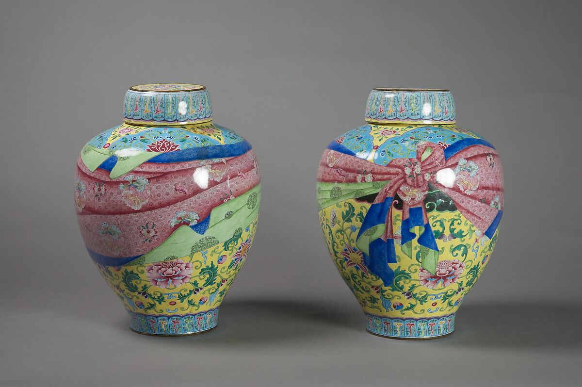 Jar with floral scrolls and wrapped-cloth design (one of a pair), Painted enamel on copper, China