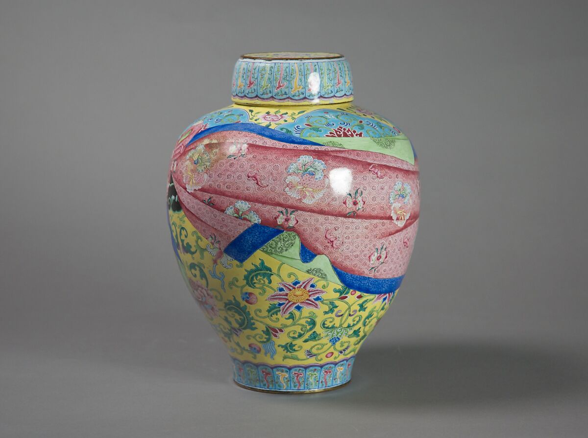 Jar with floral scrolls and wrapped-cloth design (one of a pair), Painted enamel on copper, China