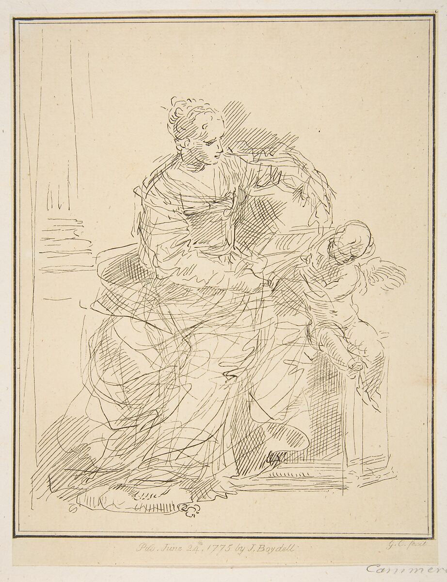 Seated woman with a putto, After Simone Cantarini (Italian, Pesaro 1612–1648 Verona), Etching 