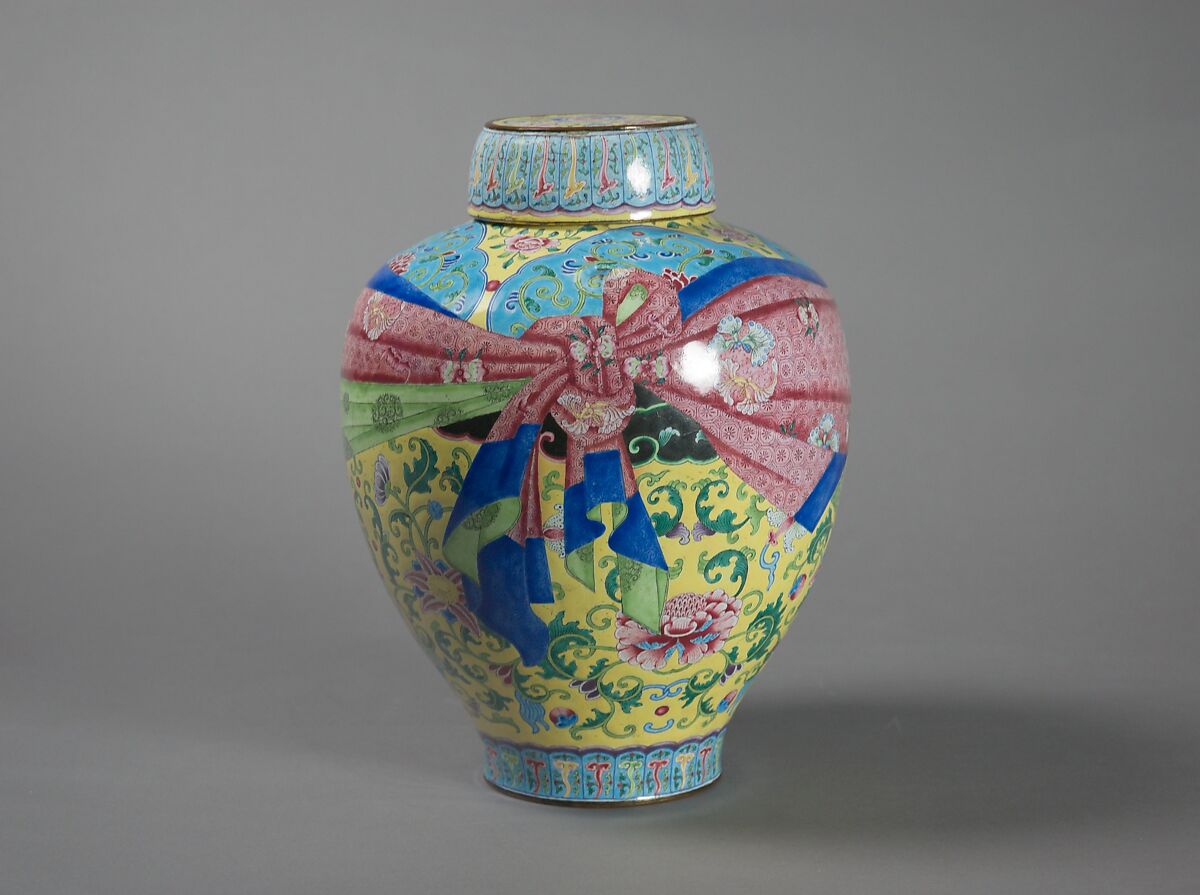 Jar with floral scrolls and wrapped-cloth design (one of a pair), Painted enamel on copper alloy, China 