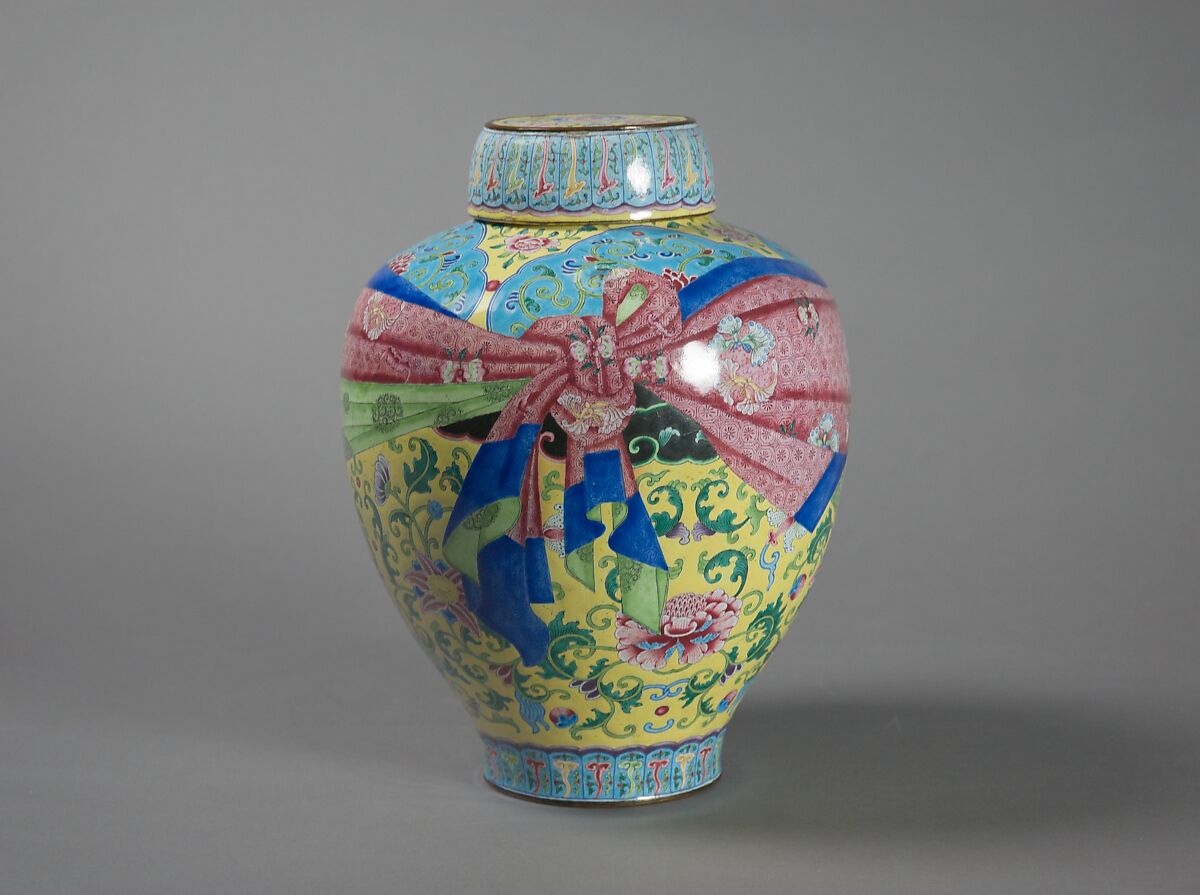 Jar with floral scrolls and wrapped-cloth design (one of a pair)