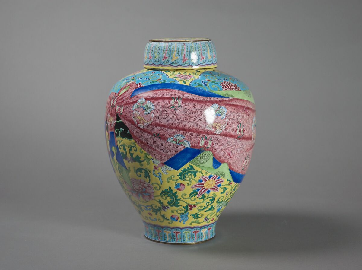 Jar with floral scrolls and wrapped-cloth design (one of a pair), Painted enamel on copper alloy, China