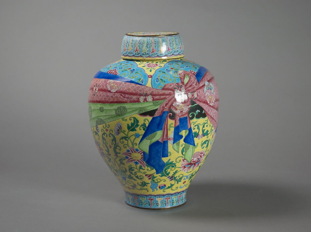 Jar with floral scrolls and wrapped-cloth design (one of a pair), Painted enamel on copper alloy, China