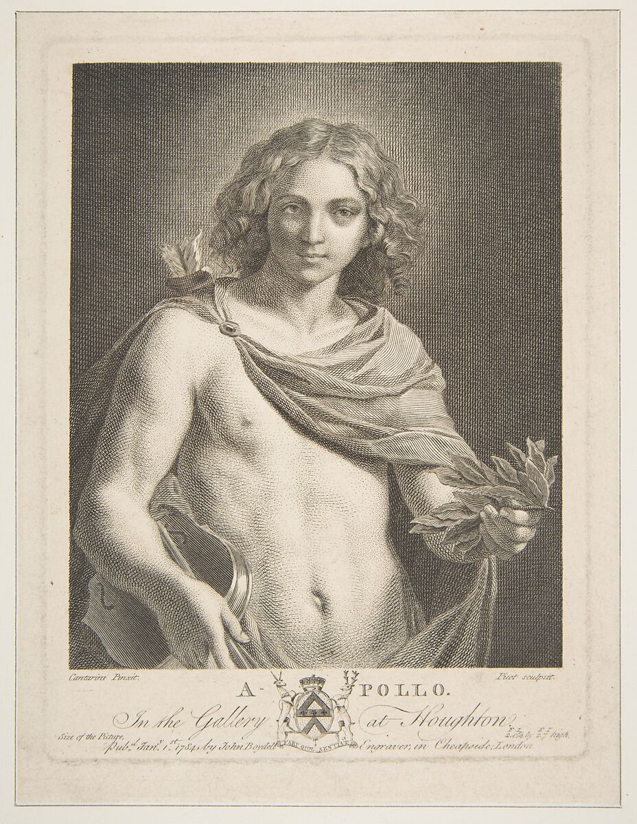 Apollo wearing a mantle and holding a laurel branch and violin, Victor Marie Picot (French, Monthières 1744–1802 Amiens), Etching and engraving 