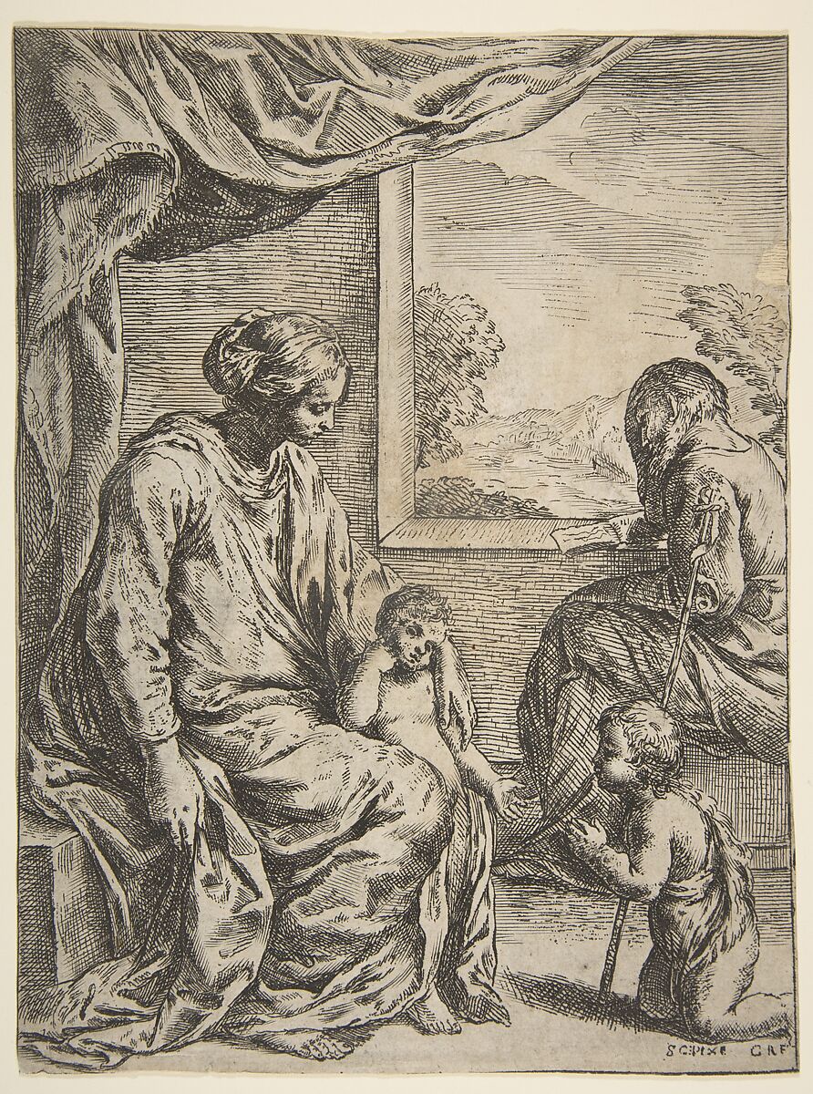Holy Family with Saint John the Baptist, ? Carlo Ridolfi (Italian, Lonigo 1594–1658 Venice), Etching 