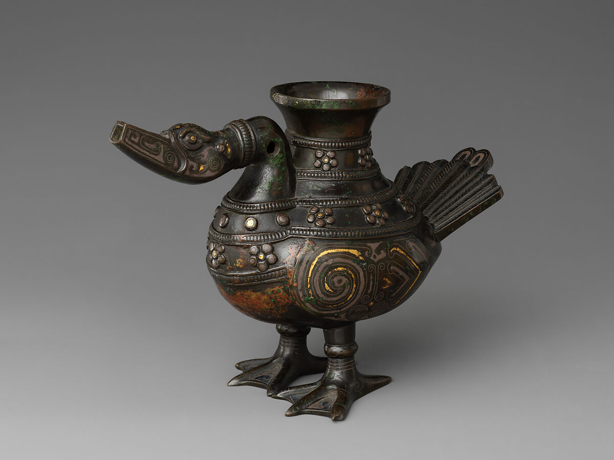 Vessel in the Shape of a Waterfowl, Bronze with gold and silver inlay, China