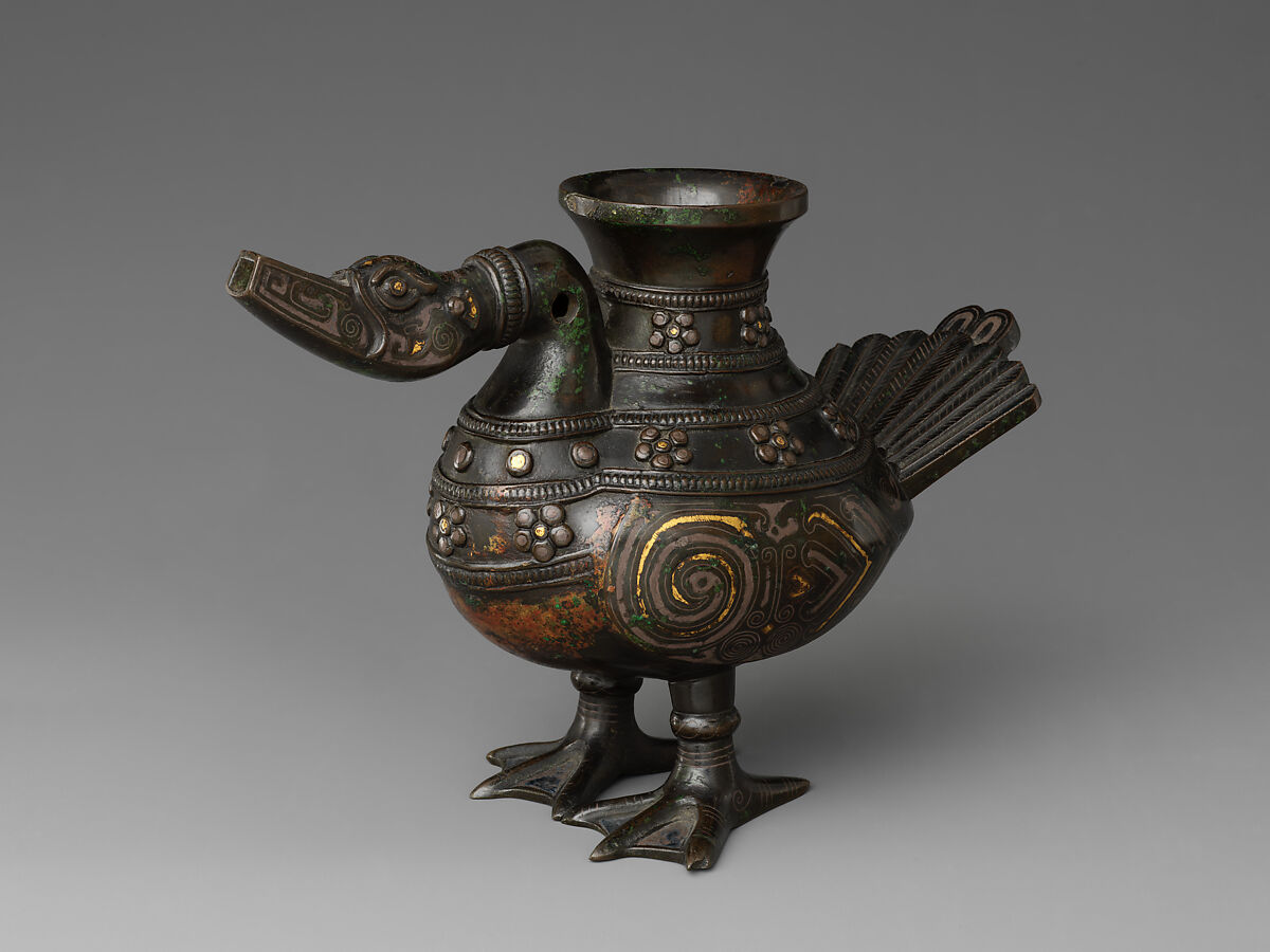 Vessel in the Shape of a Waterfowl, Bronze with gold and silver inlay, China 