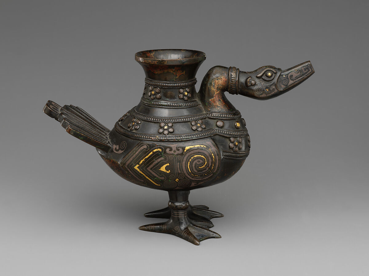 Vessel in the shape of a waterfowl (fuzun), Copper alloy, gold and silver inlay, China