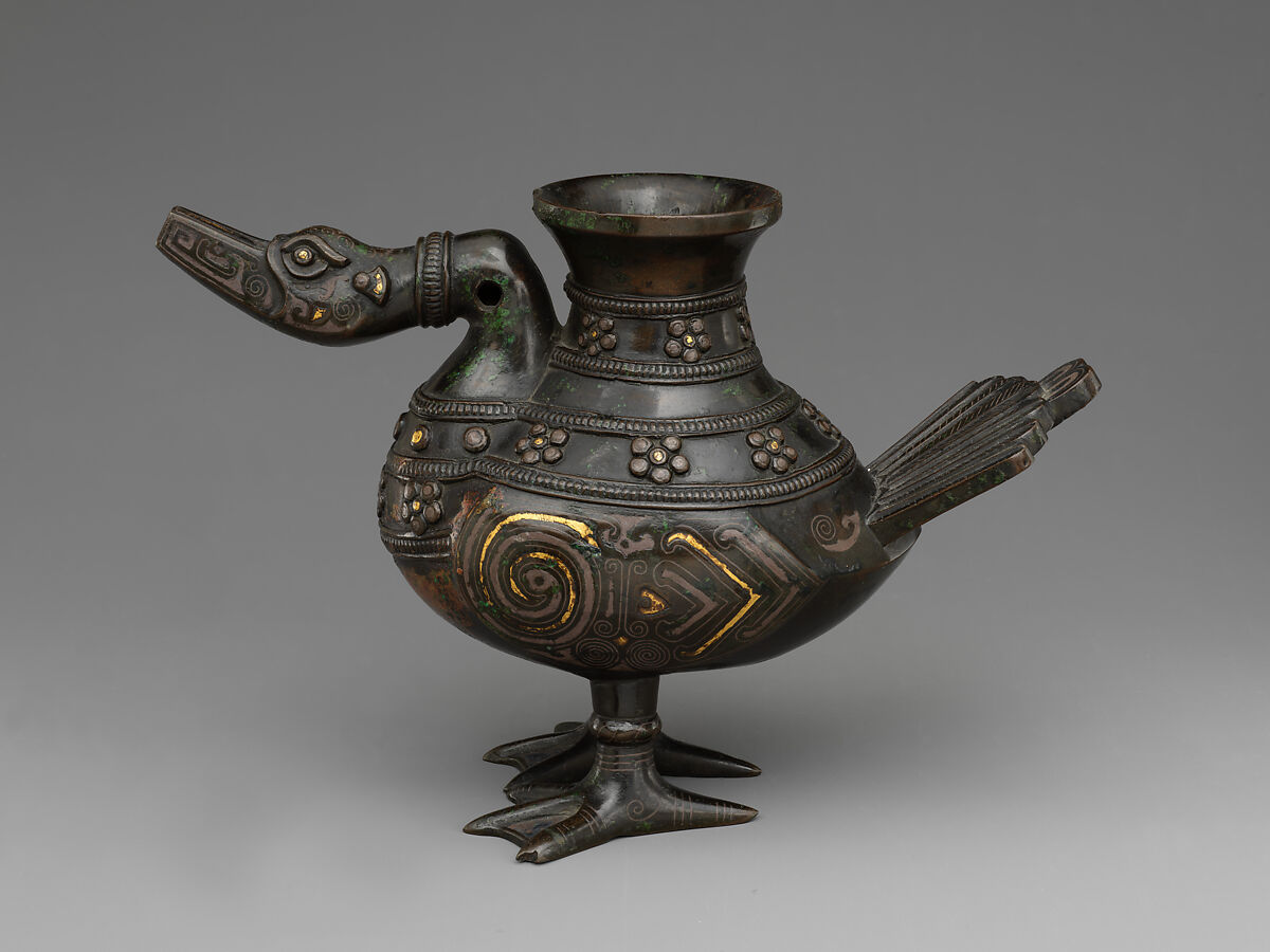 Vessel in the shape of a waterfowl (fuzun), Copper alloy, gold and silver inlay, China