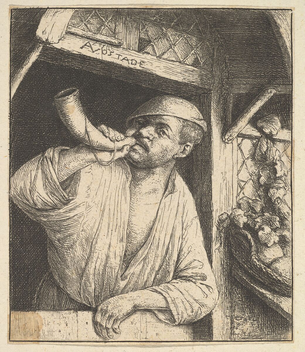 Baker Blowing Horn, Adriaen van Ostade (Dutch, Haarlem 1610–1685 Haarlem), Etching. state VII or VIII 