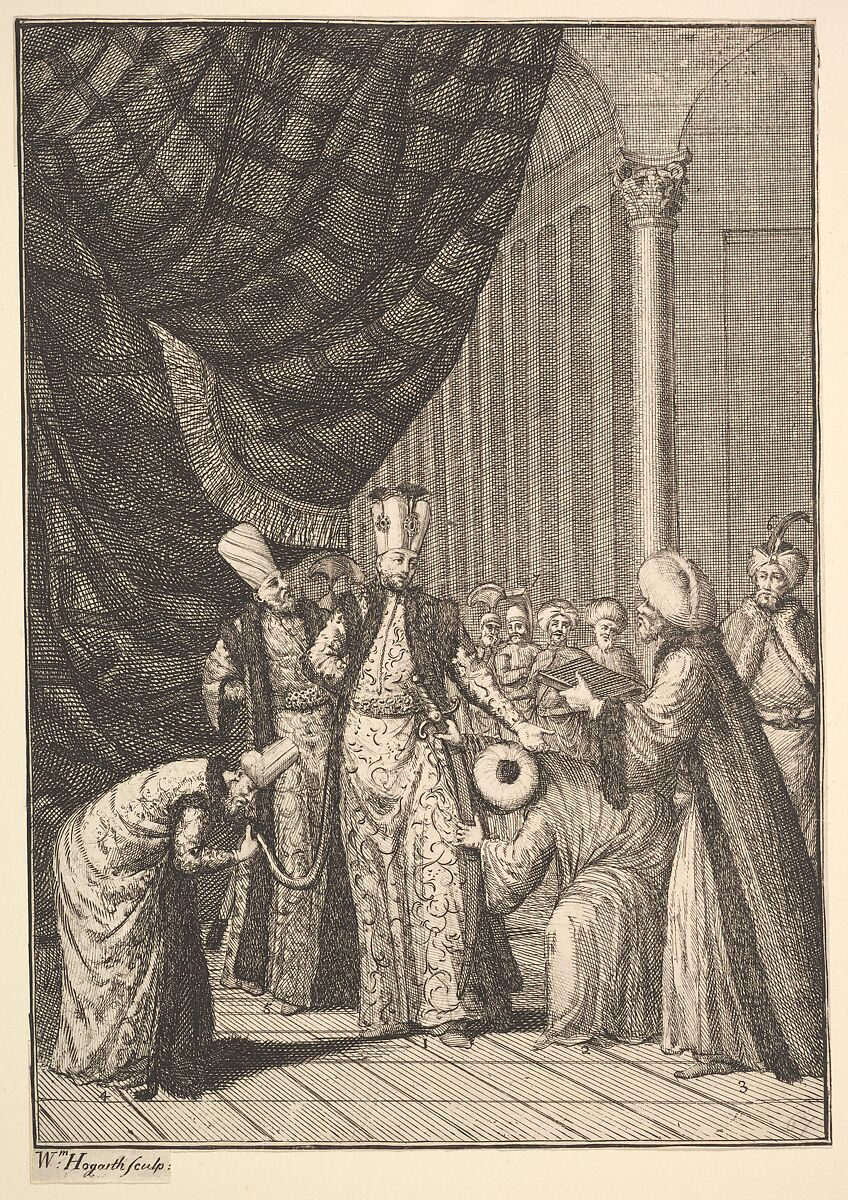 Sultan Ahmed III Crowned in the Mosque at Eyups (Aubry de La Mottraye's "Travels throughout Europe, Asia and into Part of Africa...,"  London, 1724, vol. I, pl. 17B), William Hogarth (British, London 1697–1764 London), Etching and engraving 