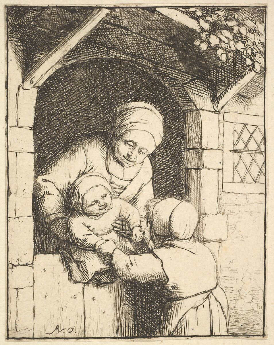 Little Girl Playing with a Baby in its Mother's Arms, Adriaen van Ostade (Dutch, Haarlem 1610–1685 Haarlem), Etching 