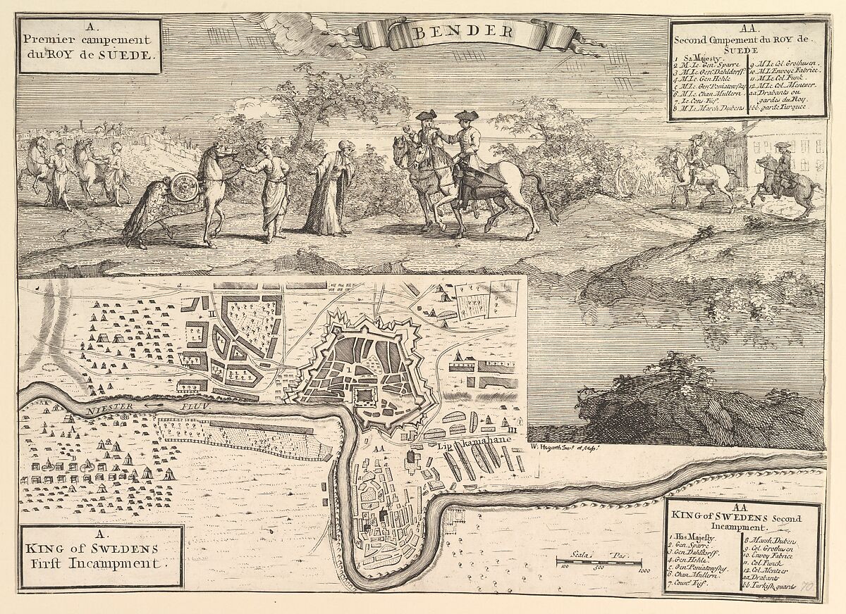 Charles XII at Bender (Aubry de La Mottraye's "Travels throughout Europe, Asia and into Part of Africa...,"  London, 1724, vol. II, pl. 30), Vignette designed and etched by William Hogarth (British, London 1697–1764 London), Etching and engraving; first state of two 