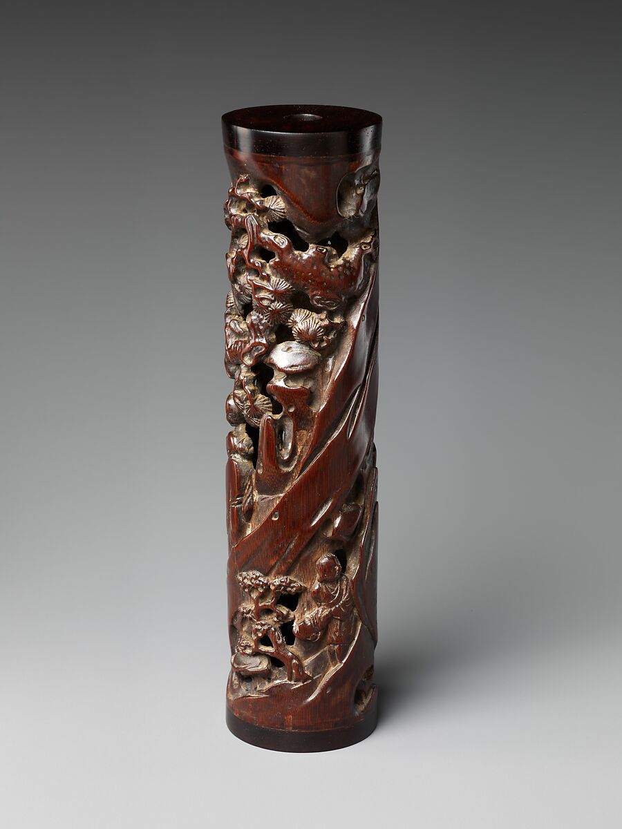 Incense holder with scholars in a landscape, Zhu Sansong (active ca. 1573–1619), Bamboo, China