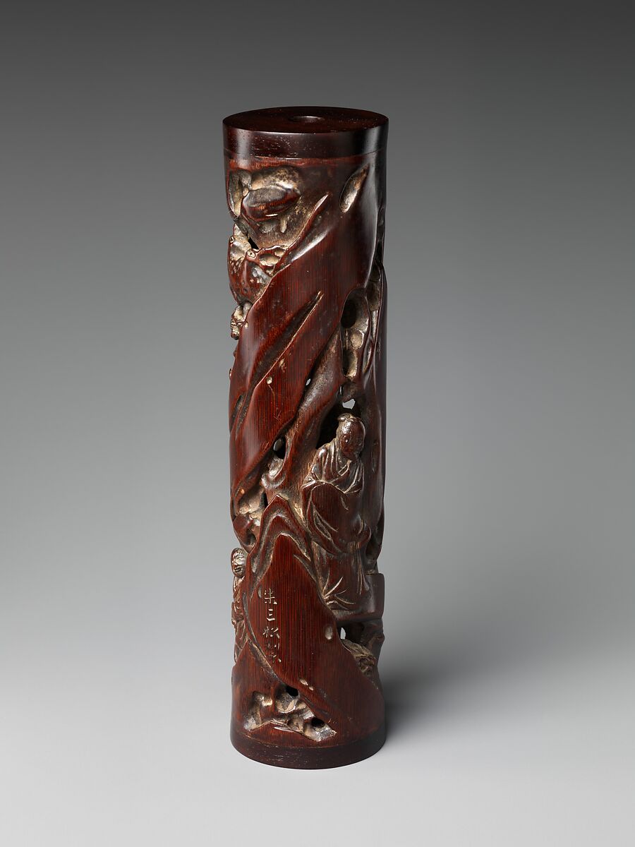 Incense holder with scholars in a landscape, Zhu Sansong (active ca. 1573–1619), Bamboo, China