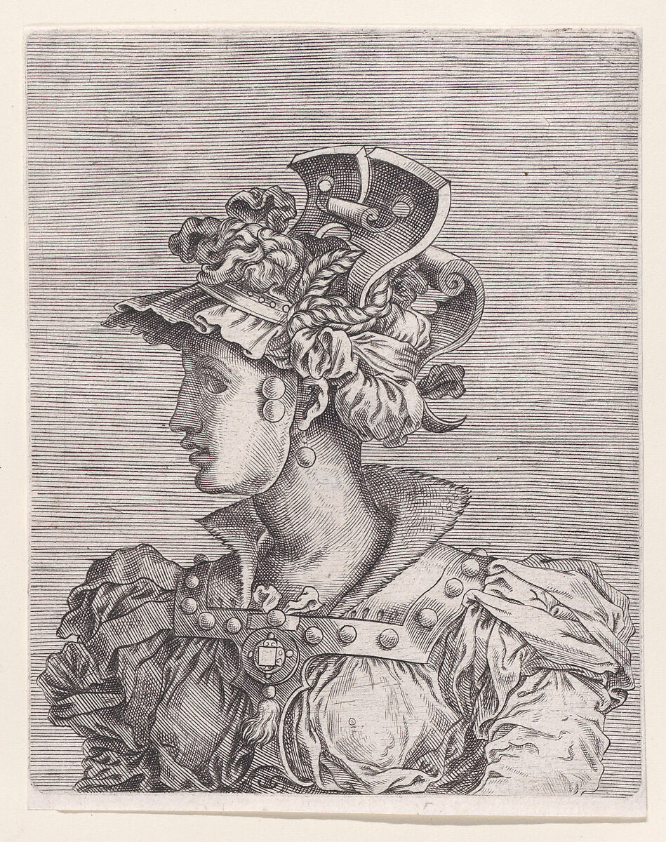 Bust of a Woman Wearing a Fantastic Head-dress and Mask, René Boyvin (French, Angers ca. 1525–1598 or 1625/6 Angers), Etching 