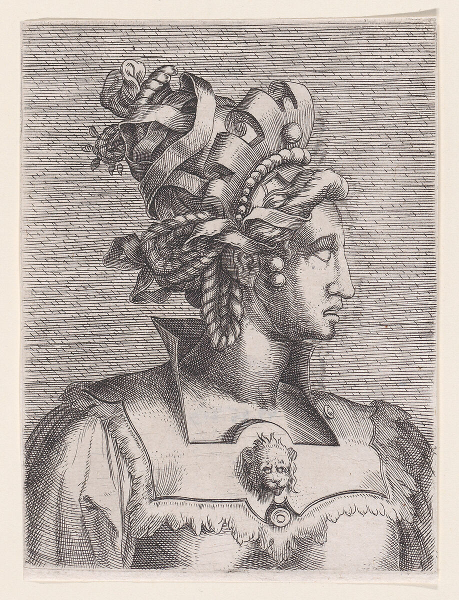 Bust of a Woman Wearing a Fantastic Head-dress and Mask, René Boyvin (French, Angers ca. 1525–1598 or 1625/6 Angers), Etching 