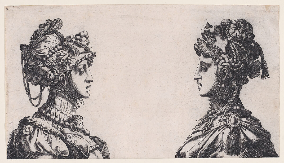 Fantastical Female Heads, René Boyvin (French, Angers ca. 1525–1598 or 1625/6 Angers), Engraving; second state of two 