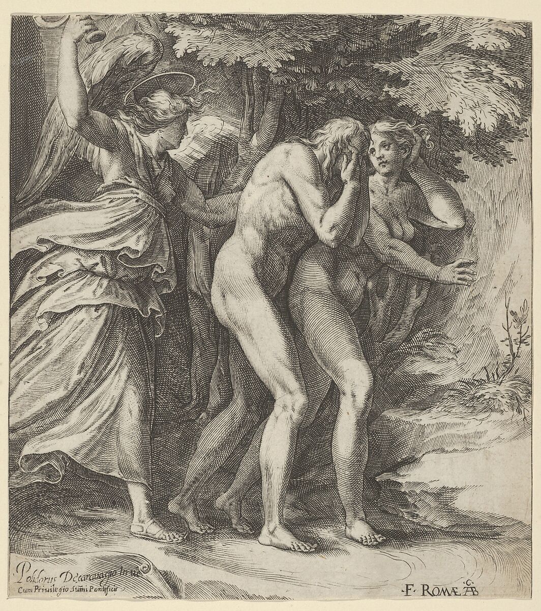The Expulsion from Paradise with an Angel wielding a sword behind Adam and Eve, Cherubino Alberti (Zaccaria Mattia) (Italian, Borgo Sansepolcro 1553–1615 Rome), Engraving 
