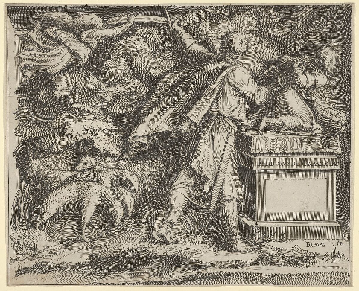 The Sacrifice of Isaac set in a landscape with a flock of sheep at left and an angel guiding Abraham's sword at upper left, Cherubino Alberti (Zaccaria Mattia) (Italian, Borgo Sansepolcro 1553–1615 Rome), Engraving 