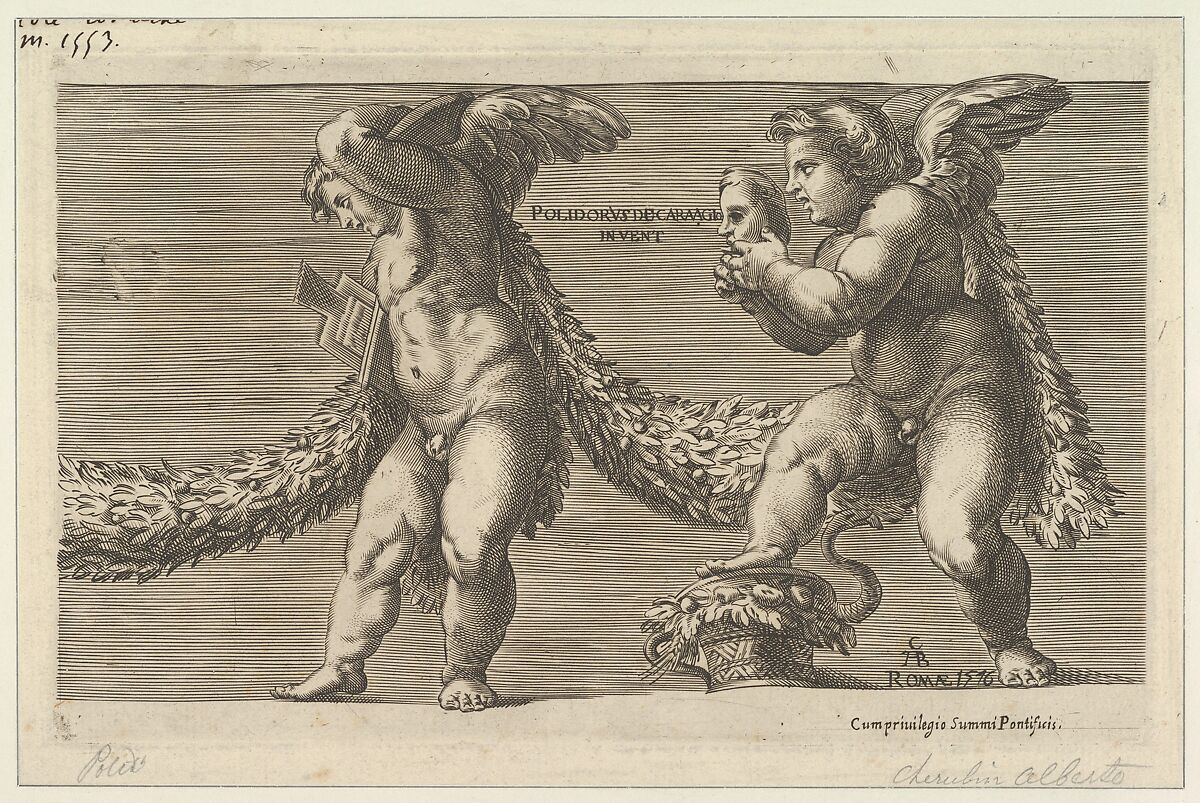 Two putti draped with a garland the one at right holding a mask, Cherubino Alberti (Zaccaria Mattia) (Italian, Borgo Sansepolcro 1553–1615 Rome), Engraving 