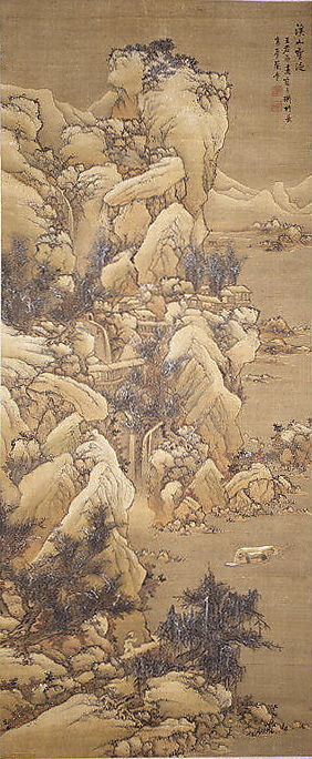 Boating amid Snowy Streams and Mountains, Lan Meng (ca. 1614–after 1671), Hanging scroll; ink and color on silk, China 