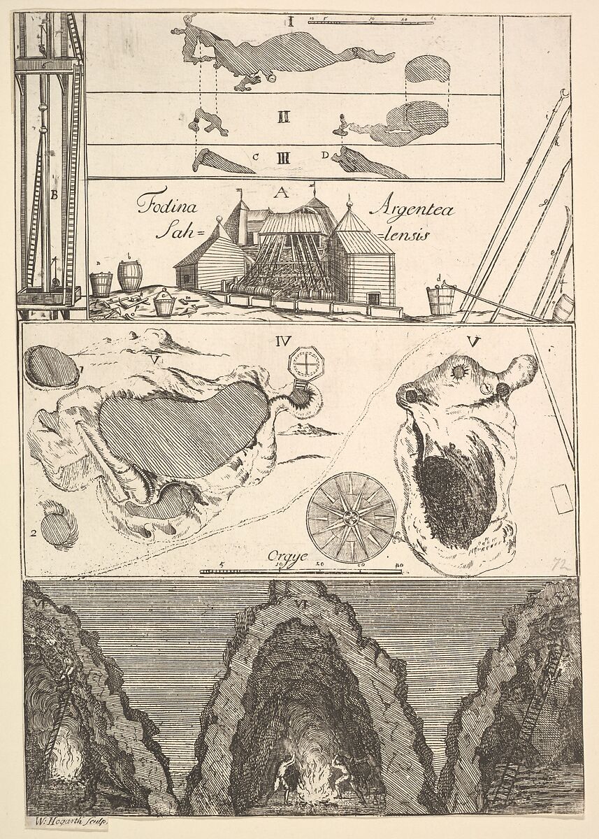 Fodina argentea Sahlensis – A Silver Mine at Sala - I (from Aubry de La Mottraye's "Travels throughout Europe, Asia and into Part of Africa...,"  London, 1724, vol. II, pl. 33, no. 1), William Hogarth (British, London 1697–1764 London), Etching and engraving 