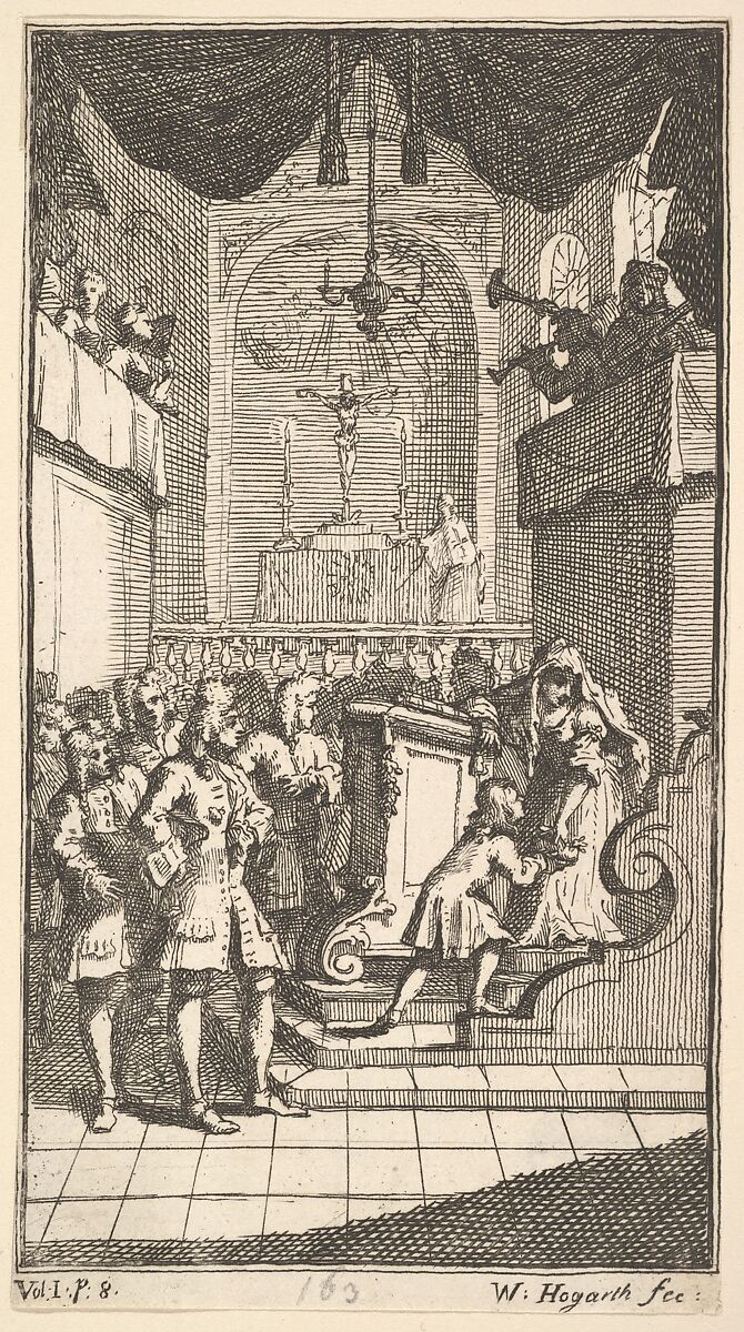 The New Metamorphosis, Plate 2: Fantasio at Church, William Hogarth (British, London 1697–1764 London), Etching and engraving 