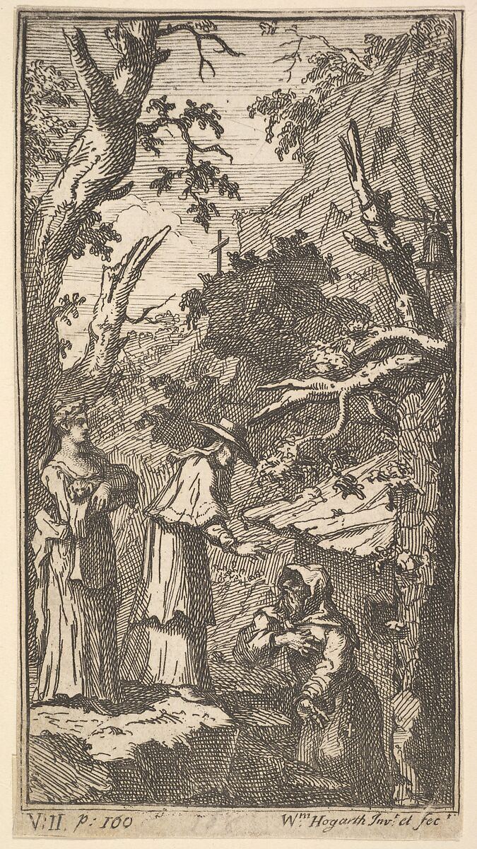 The New Metamorphosis, Plate 7: The Cardinal, a Hermit and Donna Angela Holding Fantasio, William Hogarth (British, London 1697–1764 London), Etching and engraving; second state of two 